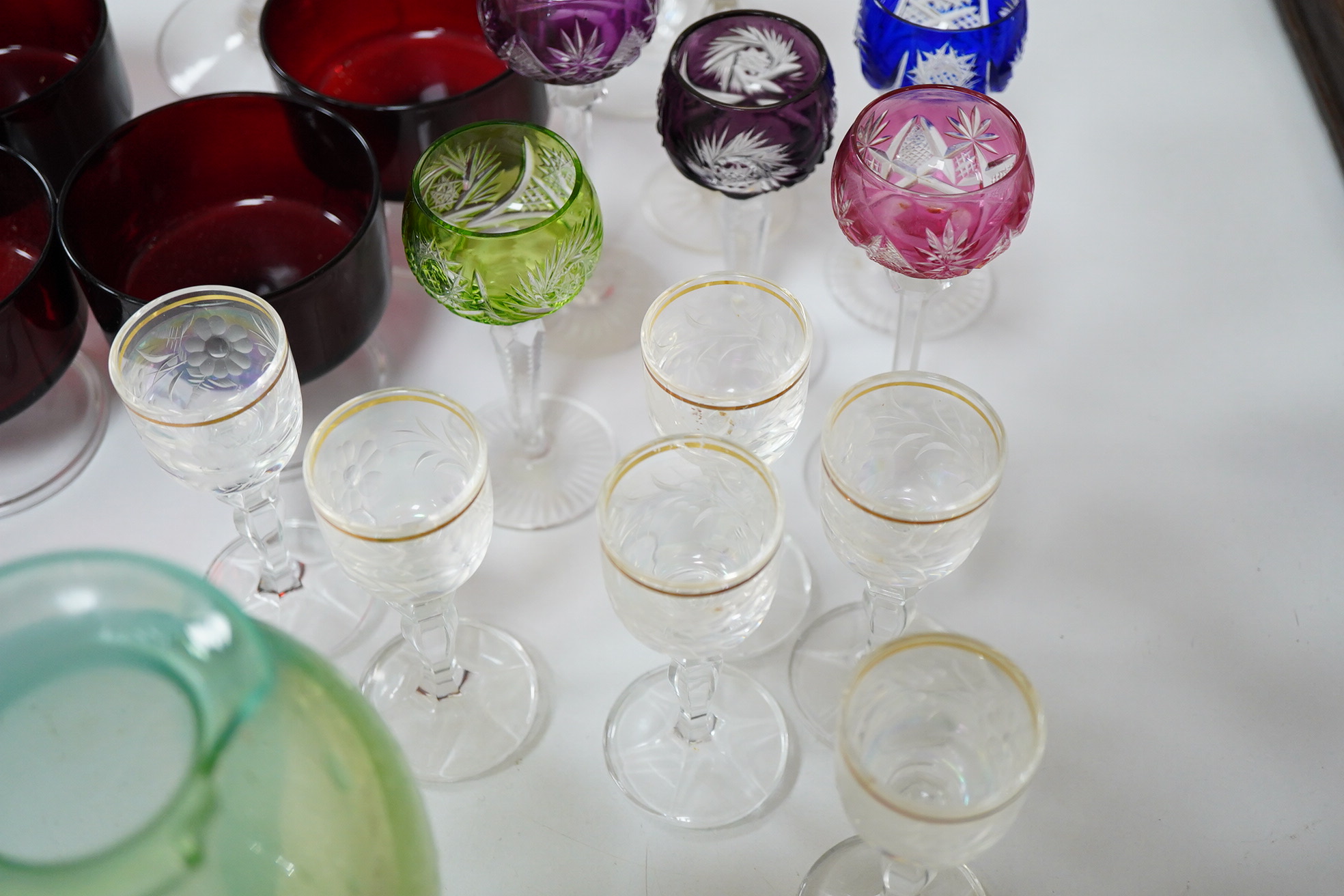 A collection of various glass ware to include hoc glasses, floral etched rummers etc.